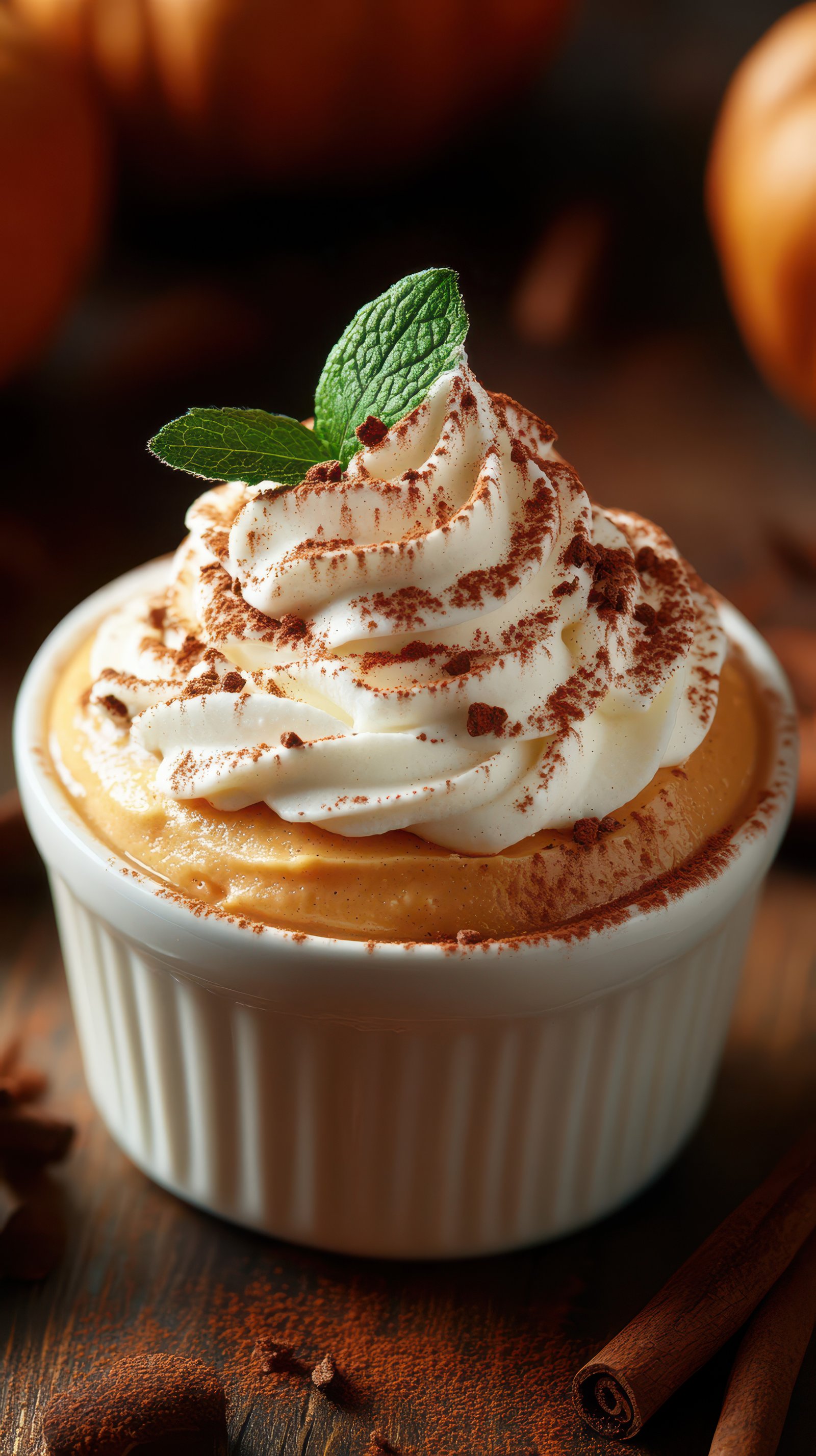 Creamy pumpkin dessert topped with whipped cream and spices in a rustic setting during autumn
